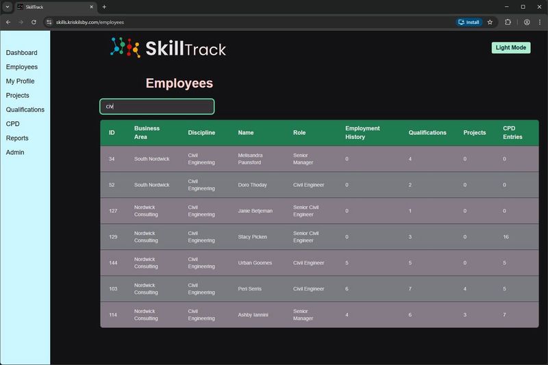 SkillTrack Employee Table in dark mode
