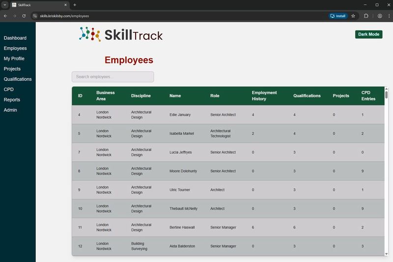 SkillTrack Employee Table in light mode